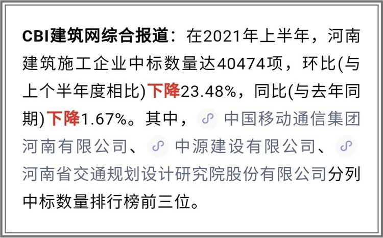 中州建設有限公司2021年上半年進入全省建筑施工企業中標100強